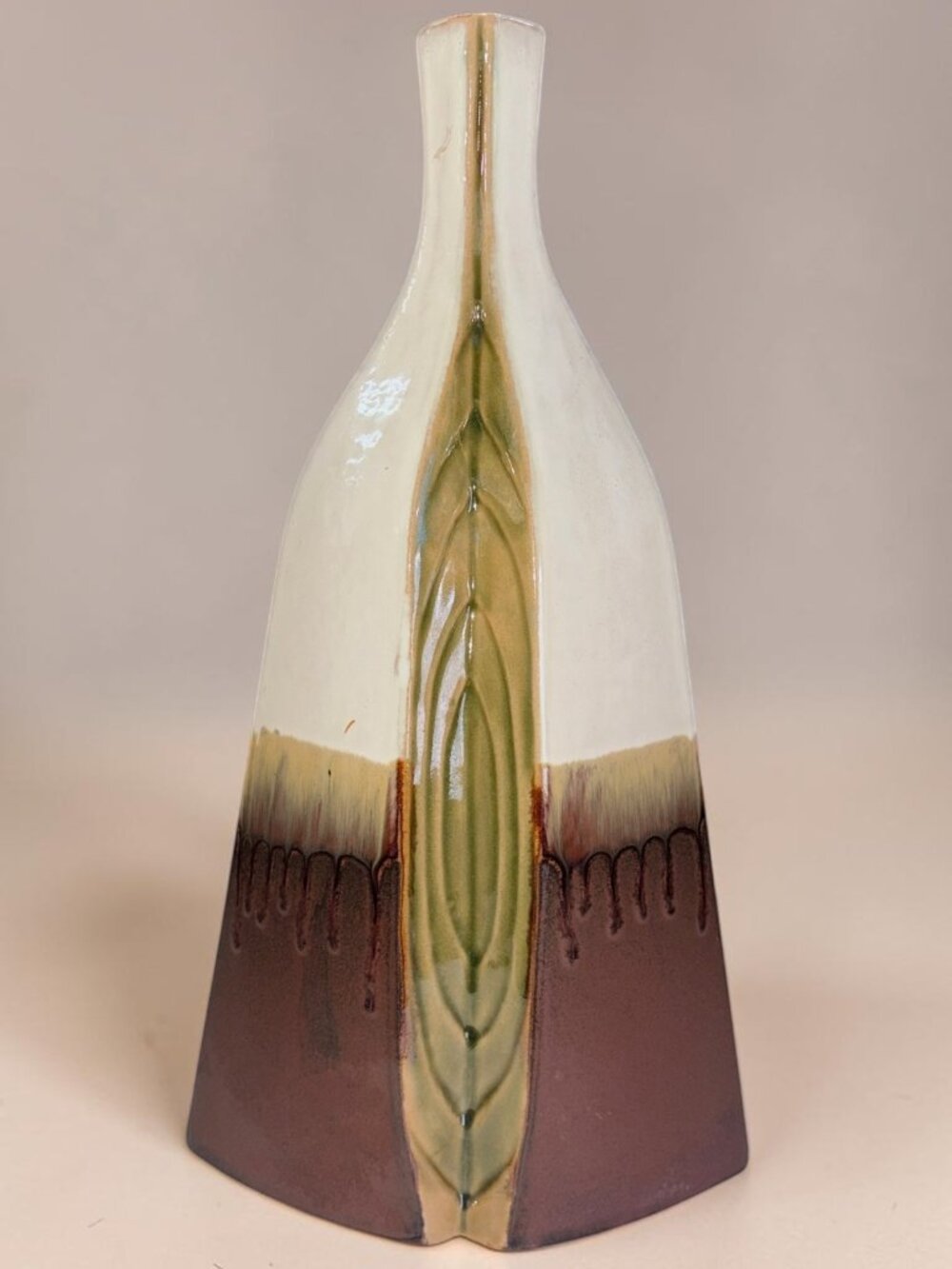 Tall Ceramic Leaf Vase Cream Brown Green Drip Glaze Sculptural Rustic Boho Decor